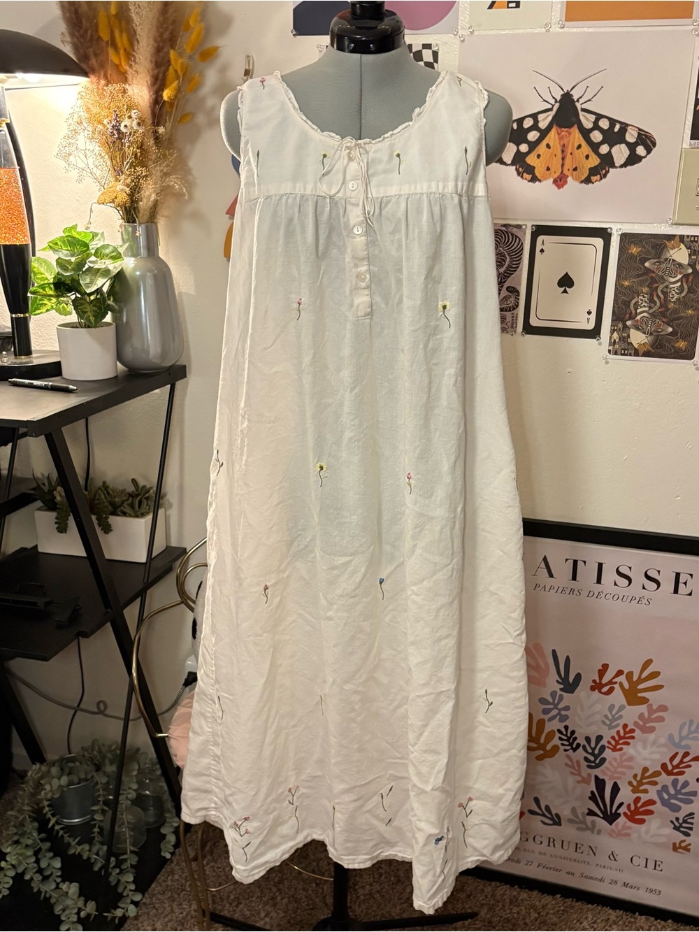 La Cera White Embroidered Floral Cottagecore Maxi Dress Size M